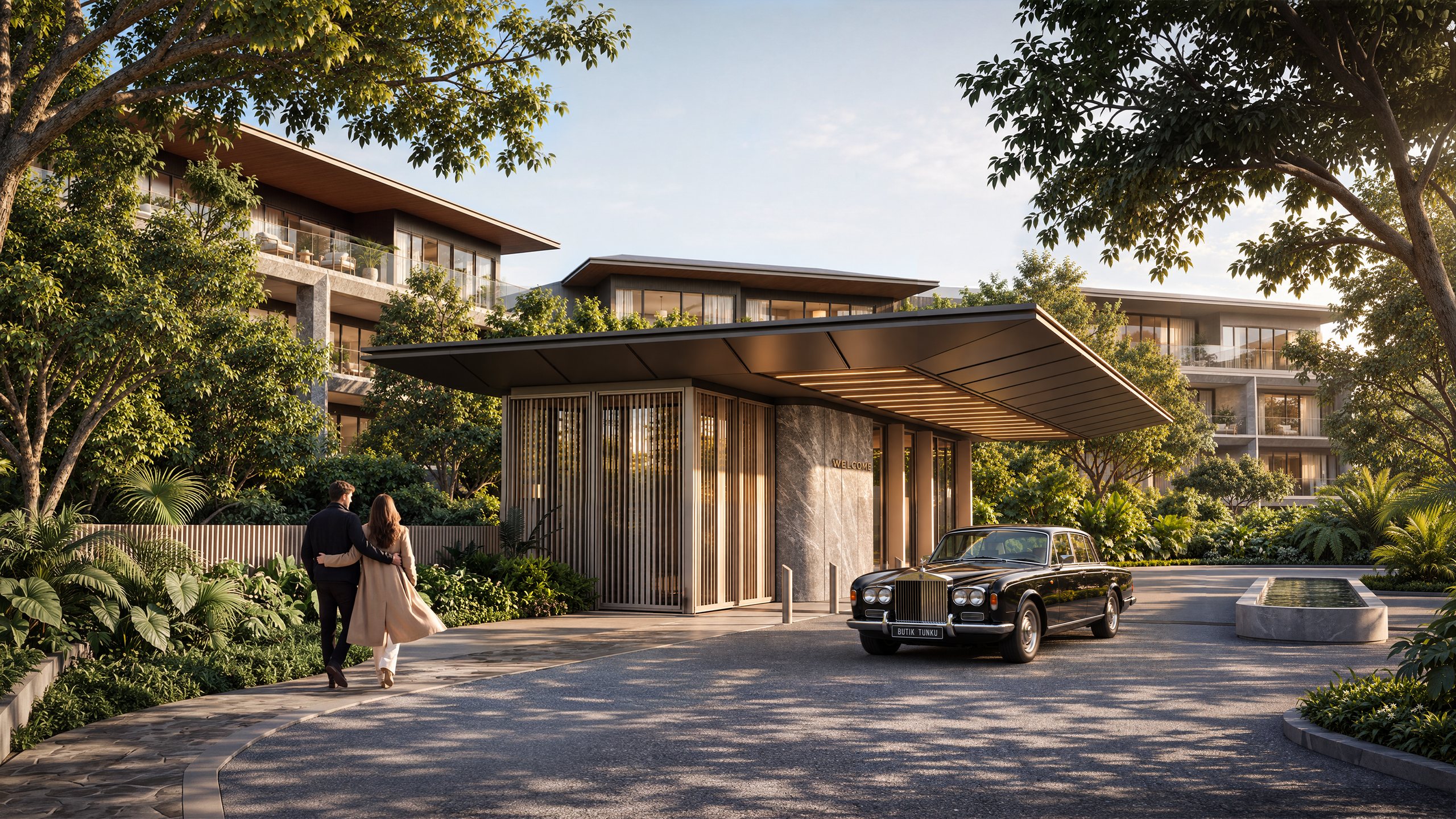 Rendering — arrival canopy with landscaped drive